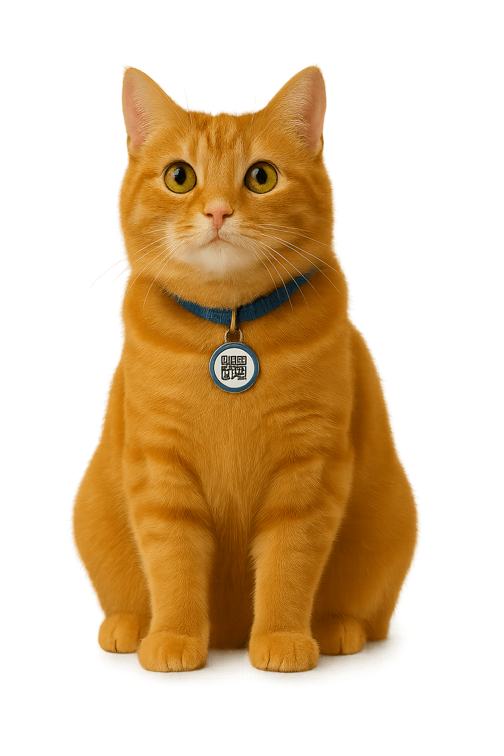 Orange katt med blå halsband och QR-tagg